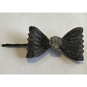 Bobby Bow Hair Pin 1980s Black Mesh Metal Bow Large Clear Rhinestone 3”